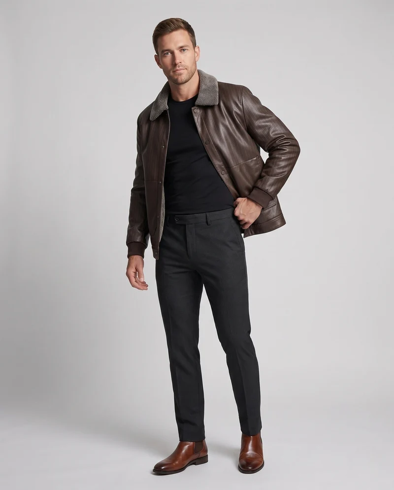 Herren Faux-Leder Blouson mit Nadelstreifen-Look und Teddy-Futter Nord Taschen