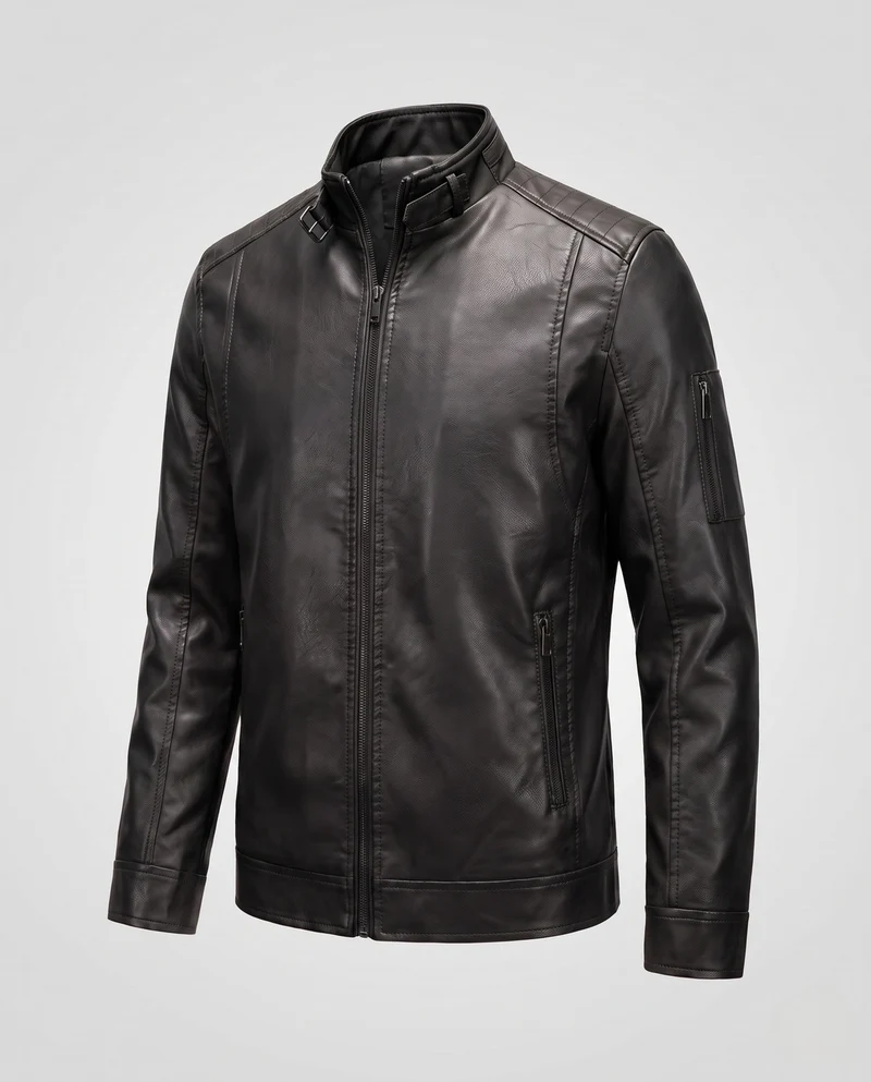 Herren Lederlook Blouson mit Stehkragen und Reißverschluss Nord Taschen