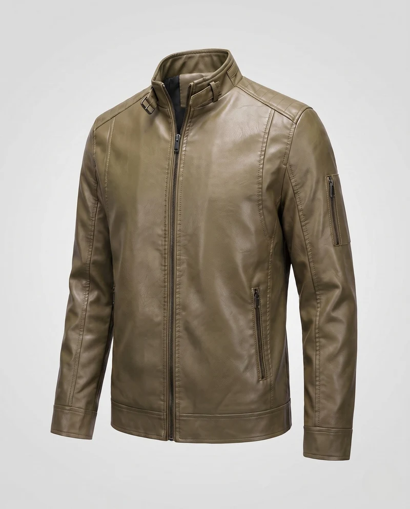Herren Lederlook Blouson mit Stehkragen und Reißverschluss Nord Taschen