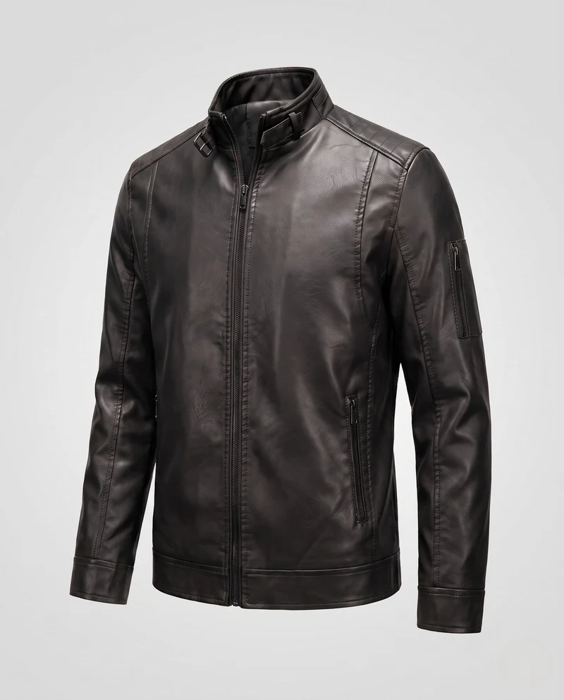 Herren Lederlook Blouson mit Stehkragen und Reißverschluss Nord Taschen