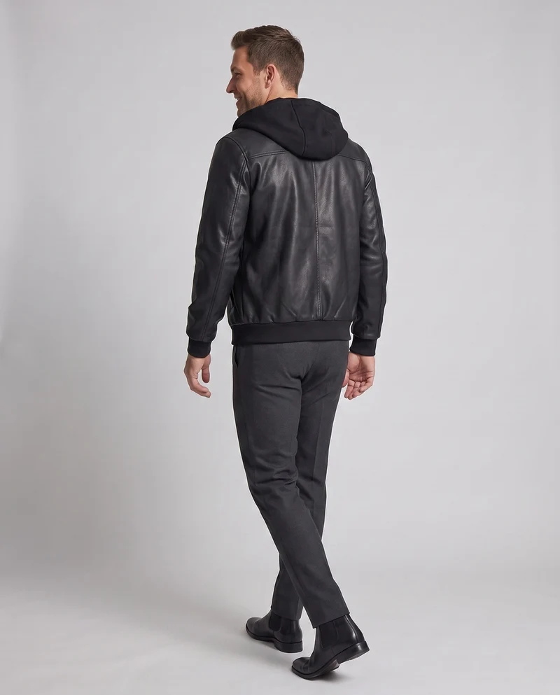 Herren Sweatshirt aus Kunstleder mit Kapuze im urbanen Bomber-Stil mit Reißverschluss und gerippten Bündchen Nord Taschen