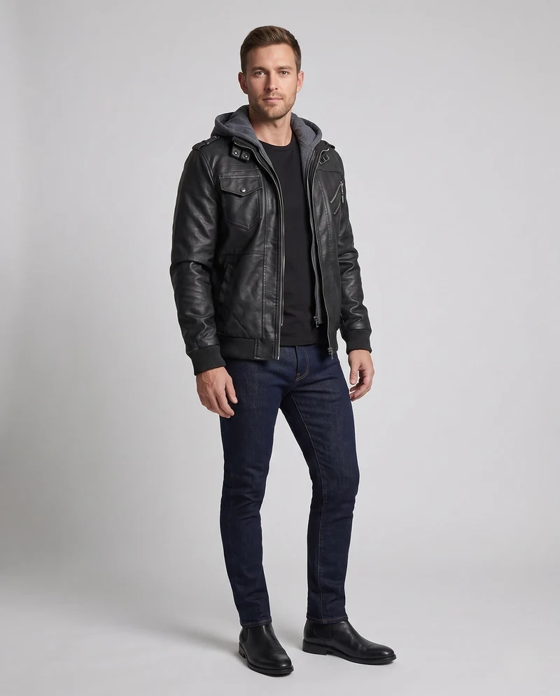 Herren Bomberjacke aus Kunstleder mit integriertem Kapuzenpullover und mehreren Taschen Nord Taschen