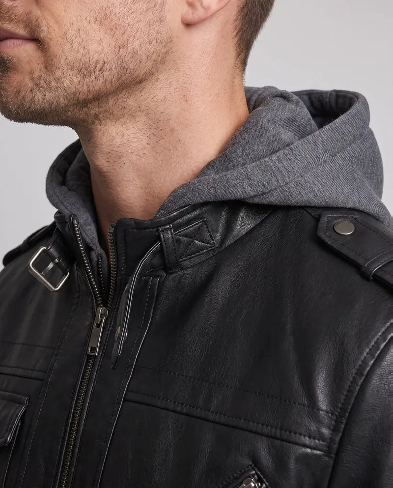 Herren Bomberjacke aus Kunstleder mit integriertem Kapuzenpullover und mehreren Taschen Nord Taschen