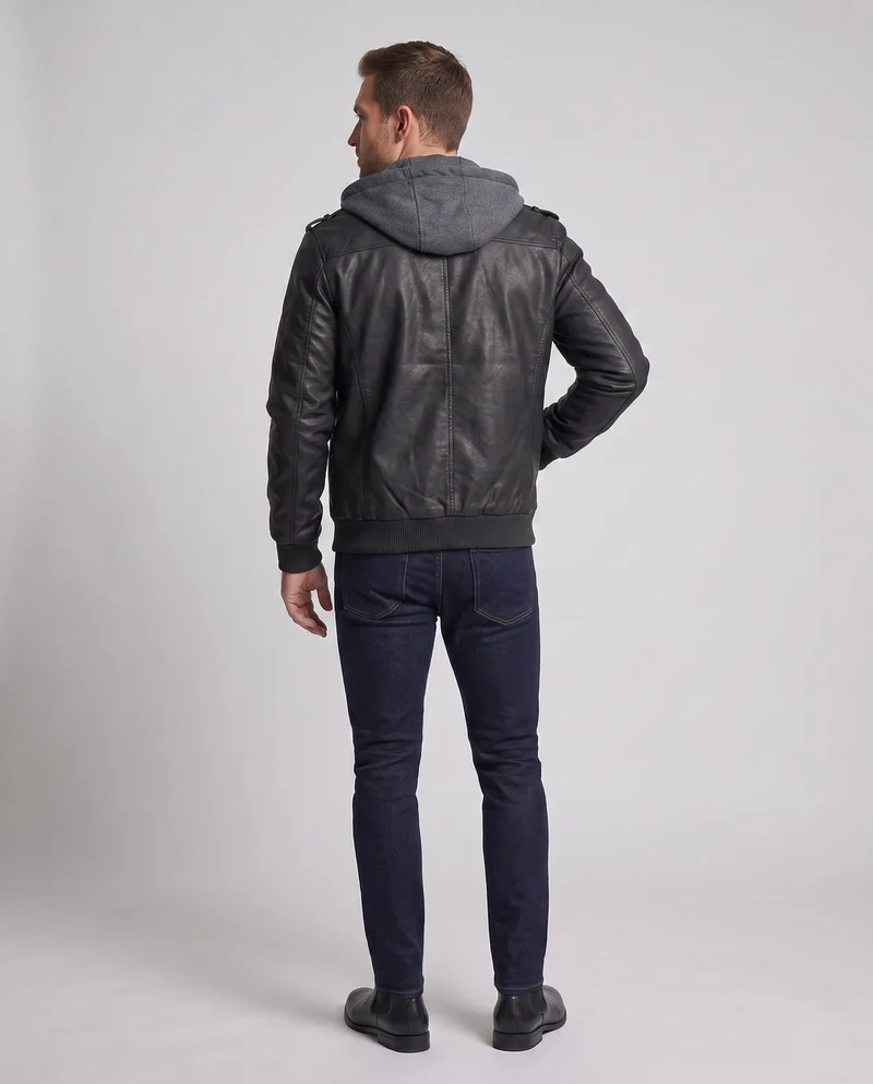 Herren Bomberjacke aus Kunstleder mit integriertem Kapuzenpullover und mehreren Taschen Nord Taschen
