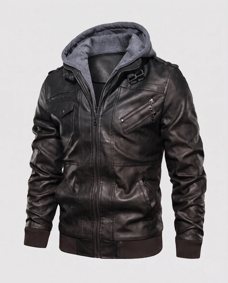 Herren Bomberjacke aus Kunstleder mit integriertem Kapuzenpullover und mehreren Taschen Nord Taschen