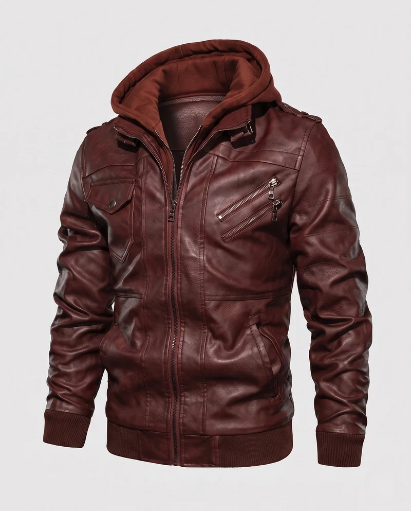 Herren Bomberjacke aus Kunstleder mit integriertem Kapuzenpullover und mehreren Taschen Nord Taschen