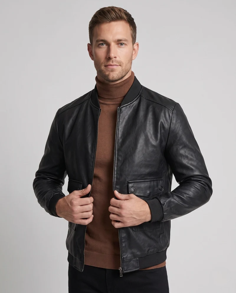 Herren Lederlook Bomberjacke mit Klappentaschen und gerippten Bündchen Nord Taschen