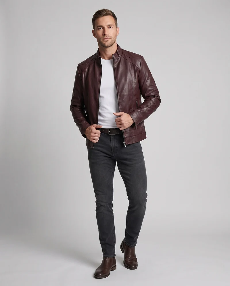 Herren Lederoptik Pilotjacke mit Stehkragen und Reißverschlusstaschen Nord Taschen