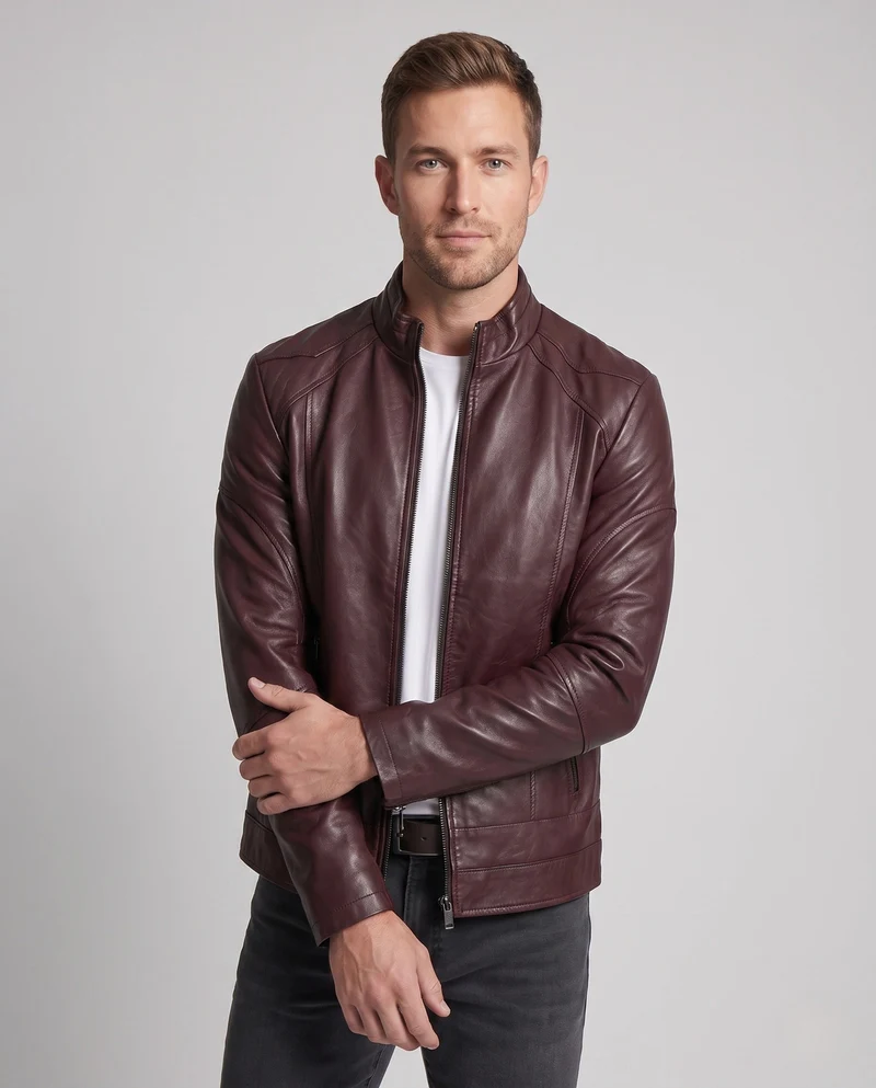 Herren Lederoptik Pilotjacke mit Stehkragen und Reißverschlusstaschen Nord Taschen