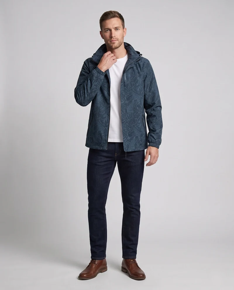 Herren Leichte Hoodie-Jacke mit subtilem Blattdruck und winddichter Softshell-Außenschicht Nord Taschen