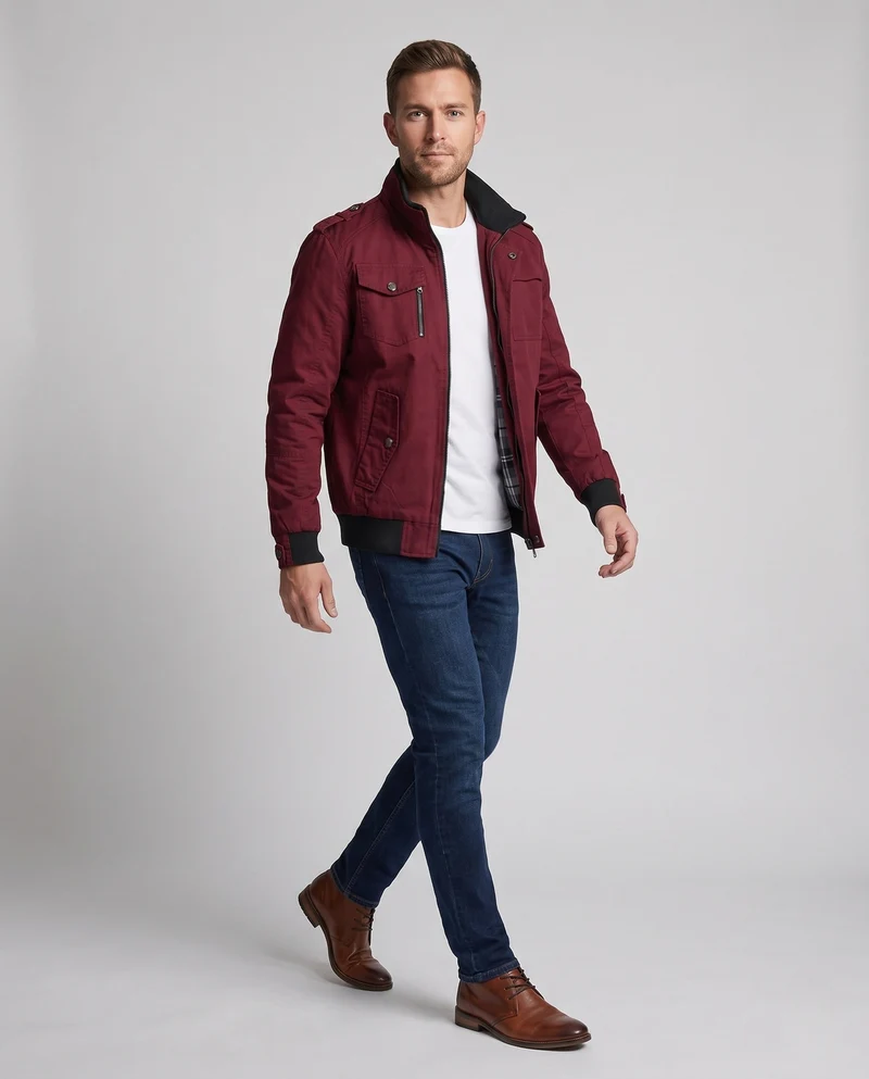Herren Leichter Baumwoll-Canvas-Blouson mit Karofutter und gerippten Bündchen Nord Taschen