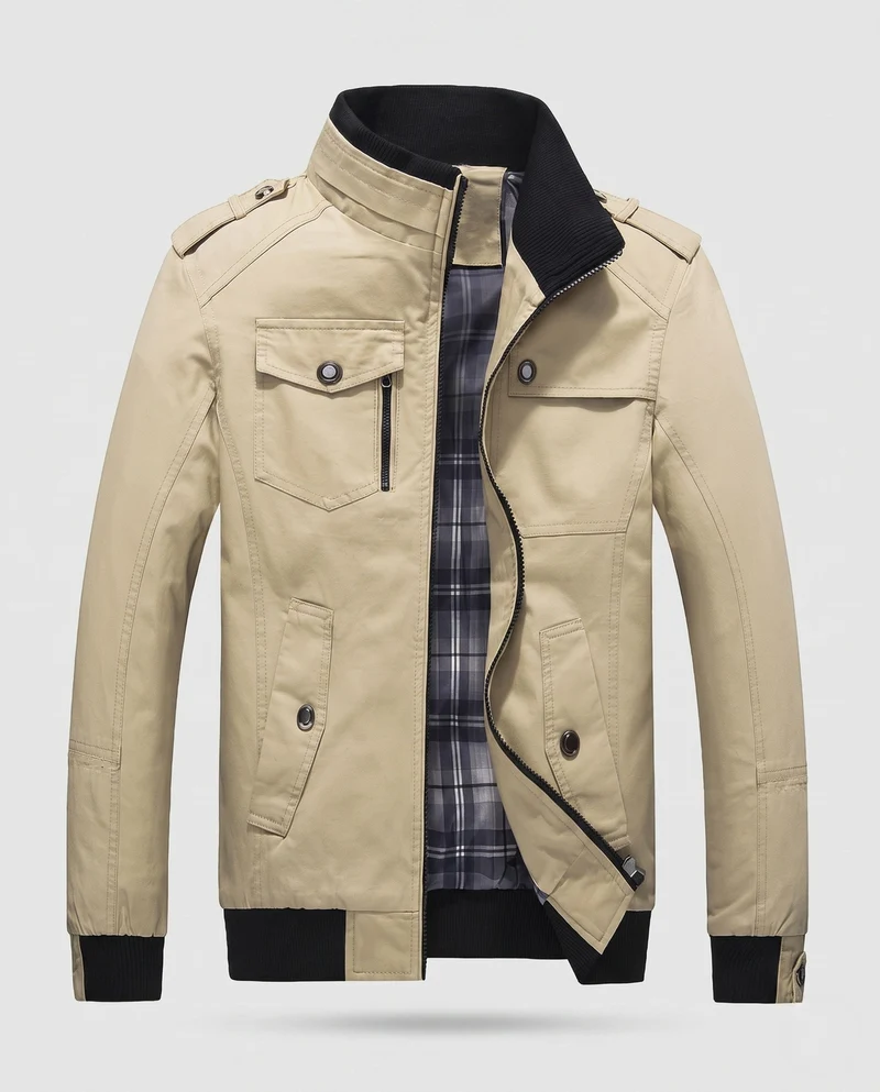 Herren Leichter Baumwoll-Canvas-Blouson mit Karofutter und gerippten Bündchen Nord Taschen