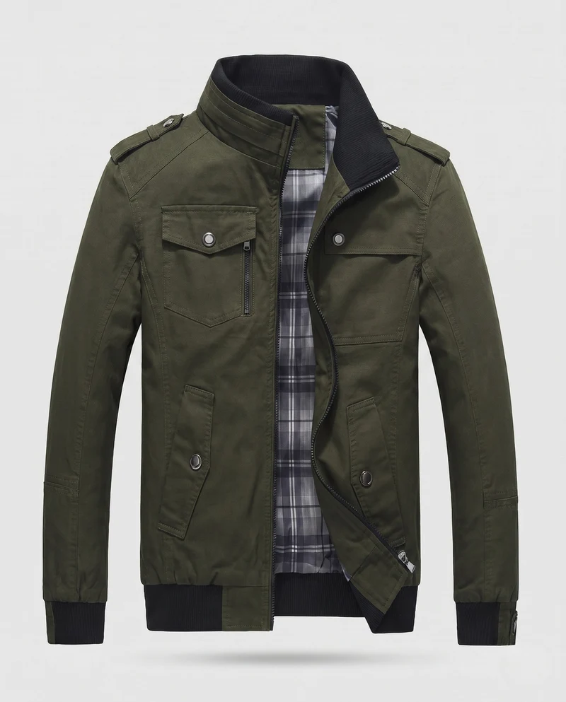 Herren Leichter Baumwoll-Canvas-Blouson mit Karofutter und gerippten Bündchen Nord Taschen