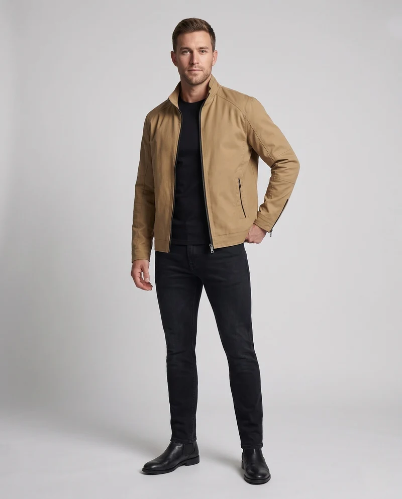Herren leichte Baumwollmischung Utility-Jacke mit Stehkragen und Reißverschluss Nord Taschen