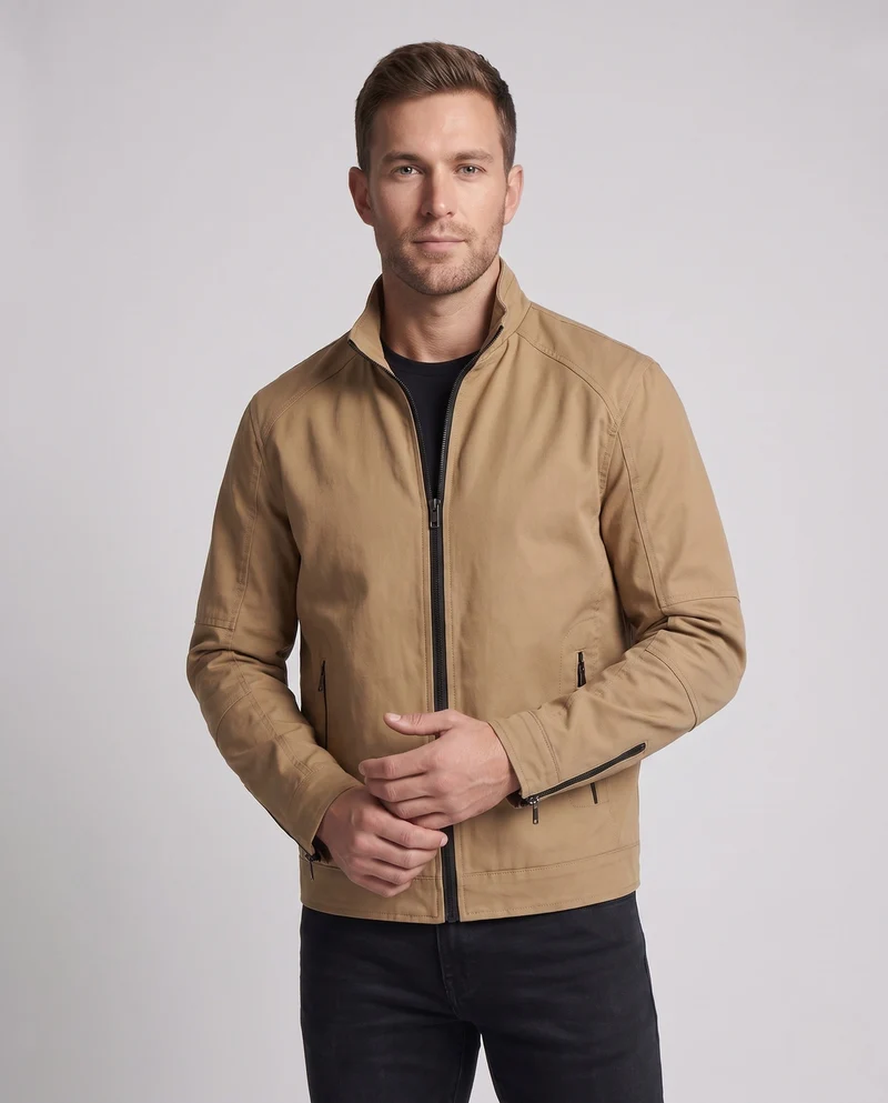 Herren leichte Baumwollmischung Utility-Jacke mit Stehkragen und Reißverschluss Nord Taschen
