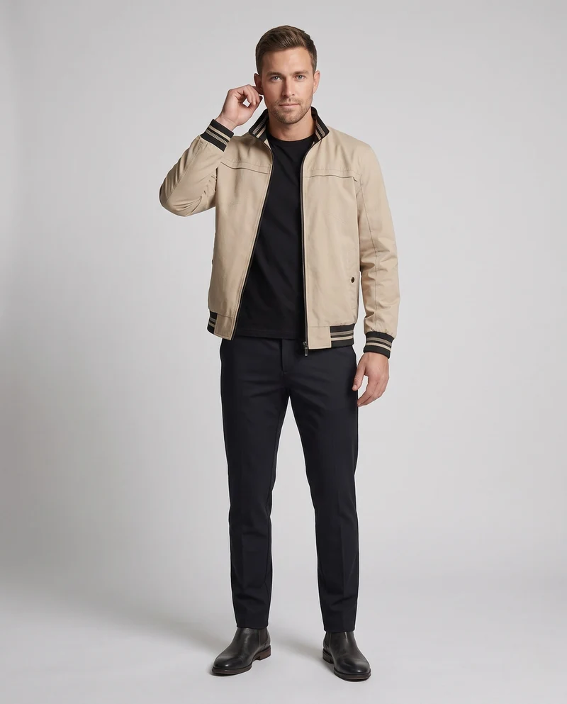 Herren Leichte Canvas Bomberjacke mit Gestreiften Rippbündchen und Stehkragen Nord Taschen
