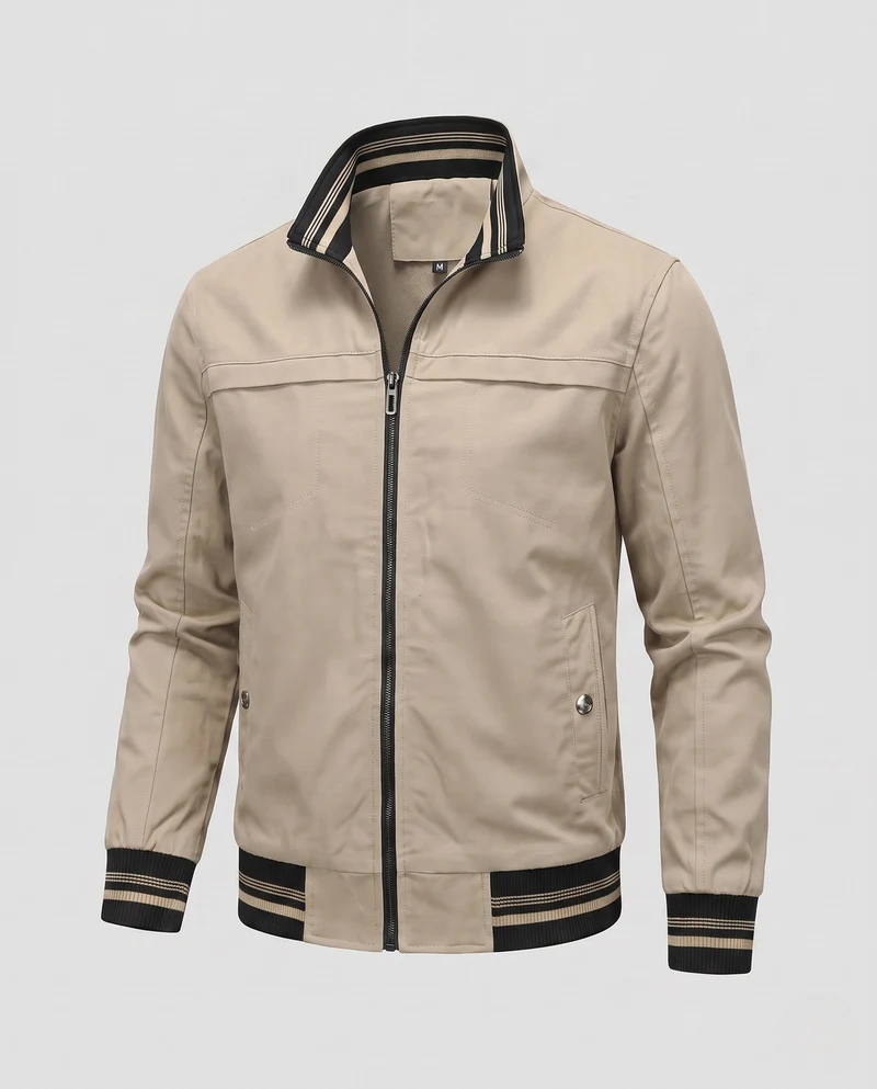 Herren Leichte Canvas Bomberjacke mit Gestreiften Rippbündchen und Stehkragen Nord Taschen