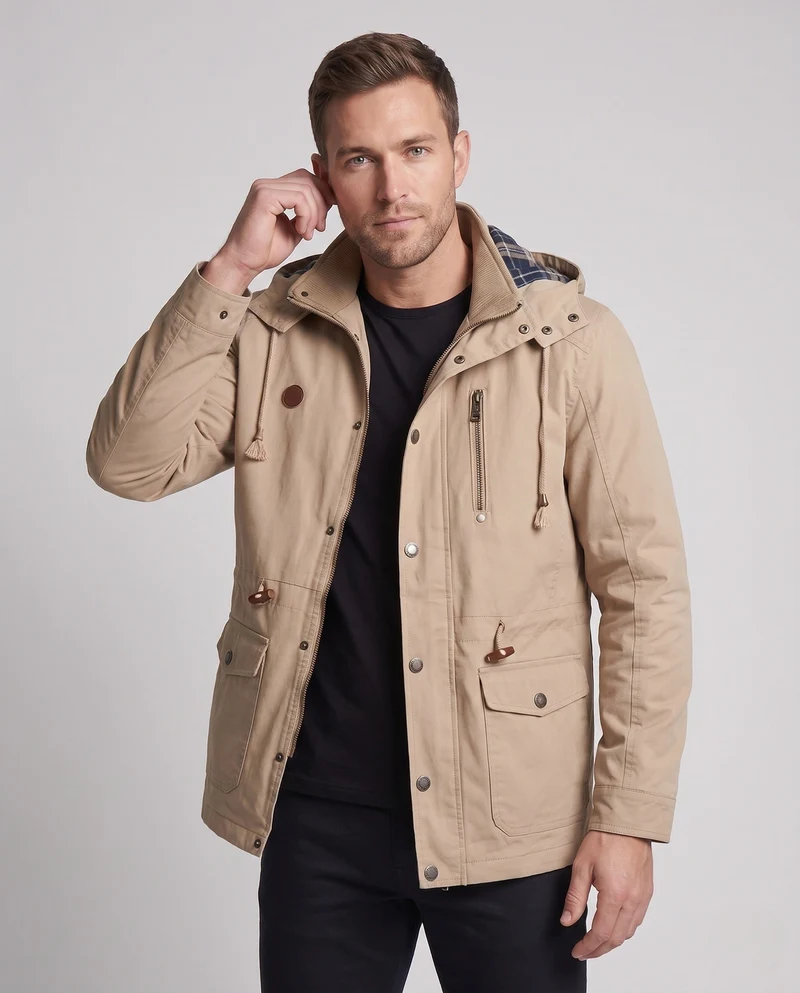 Herren leichtgewichtige Kapuzen-Canvas-Parka mit Zugband, Klappentaschen und Reißverschlusstasche auf der Brust Nord Taschen