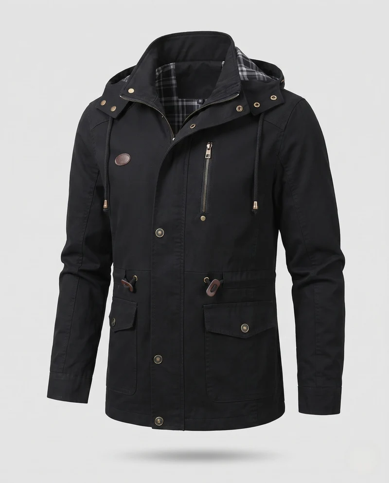 Herren leichtgewichtige Kapuzen-Canvas-Parka mit Zugband, Klappentaschen und Reißverschlusstasche auf der Brust Nord Taschen
