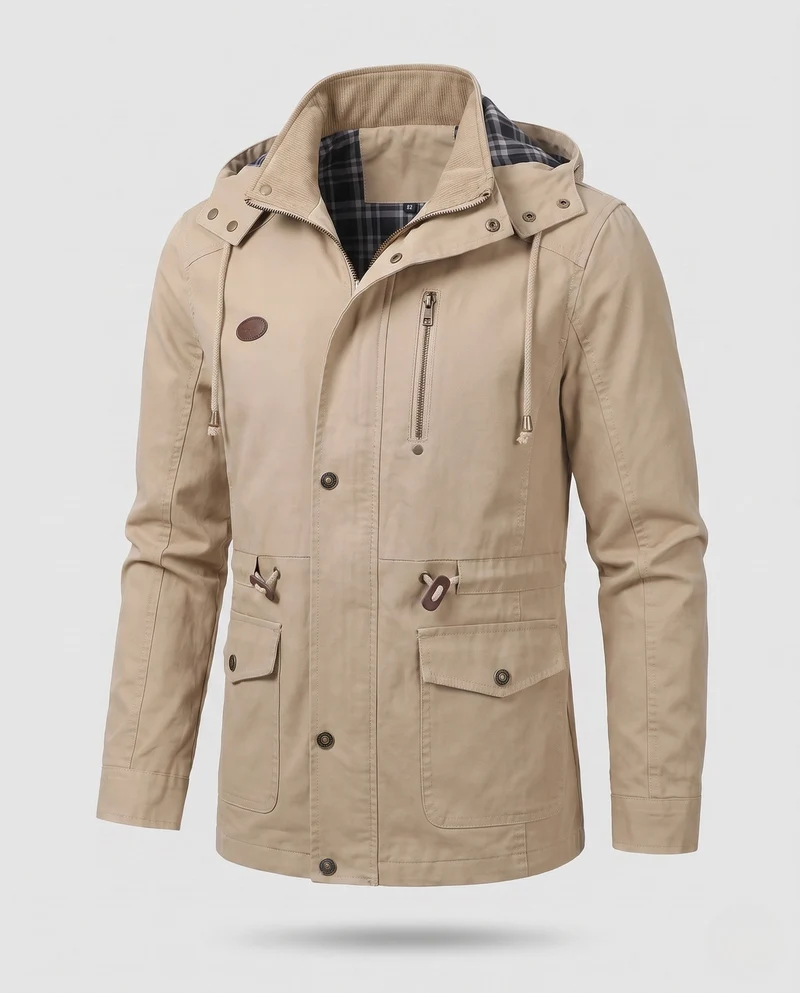 Herren leichtgewichtige Kapuzen-Canvas-Parka mit Zugband, Klappentaschen und Reißverschlusstasche auf der Brust Nord Taschen
