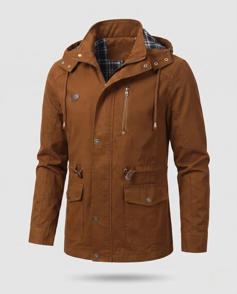 Herren leichtgewichtige Kapuzen-Canvas-Parka mit Zugband, Klappentaschen und Reißverschlusstasche auf der Brust Nord Taschen