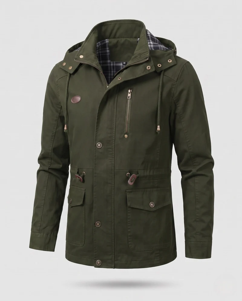 Herren leichtgewichtige Kapuzen-Canvas-Parka mit Zugband, Klappentaschen und Reißverschlusstasche auf der Brust Nord Taschen