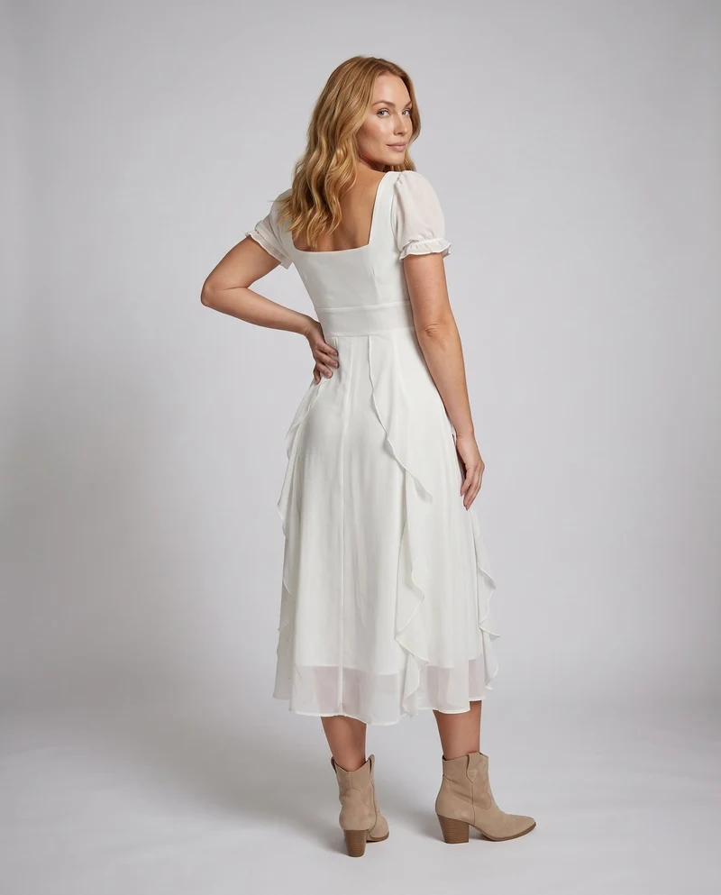 Damen Maxikleid mit verspielten Rüschendetails und dezentem Wasserfall-Saum
