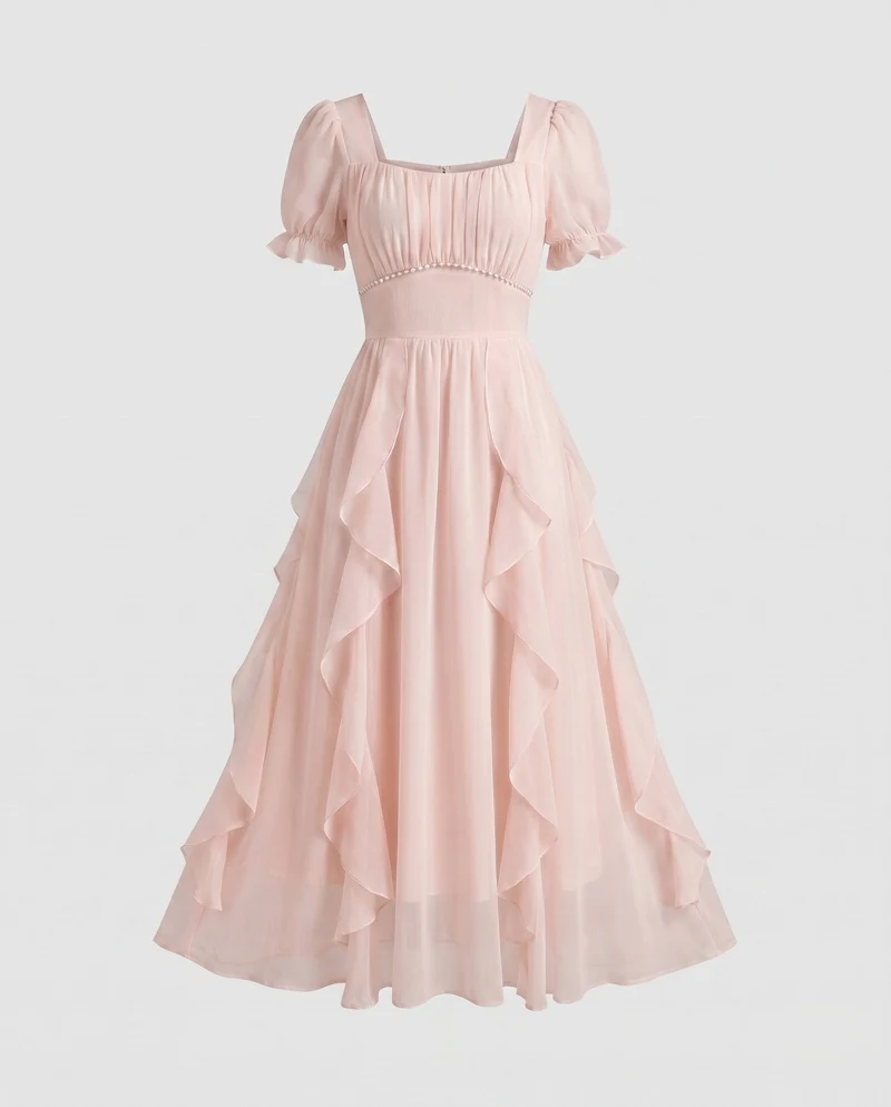 Damen Maxikleid mit verspielten Rüschendetails und dezentem Wasserfall-Saum
