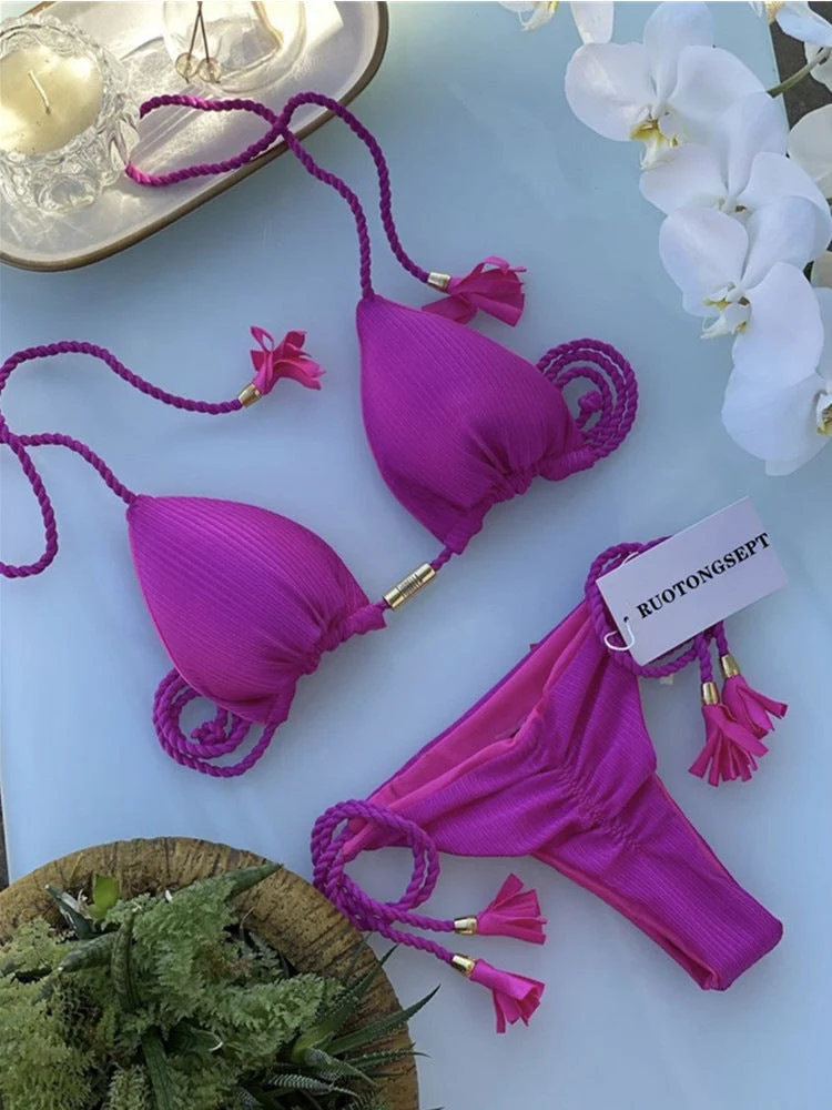 Damen Triangel-Bikini mit modischem Leopardenmuster und dekorativen Quasten