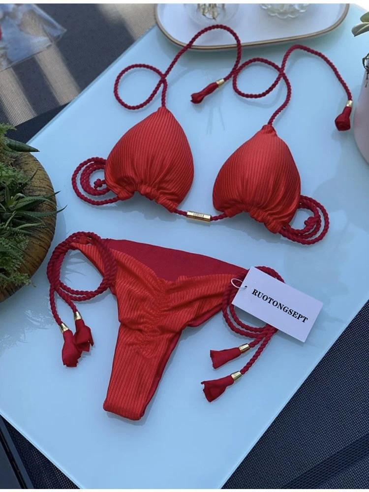 Damen Triangel-Bikini mit modischem Leopardenmuster und dekorativen Quasten
