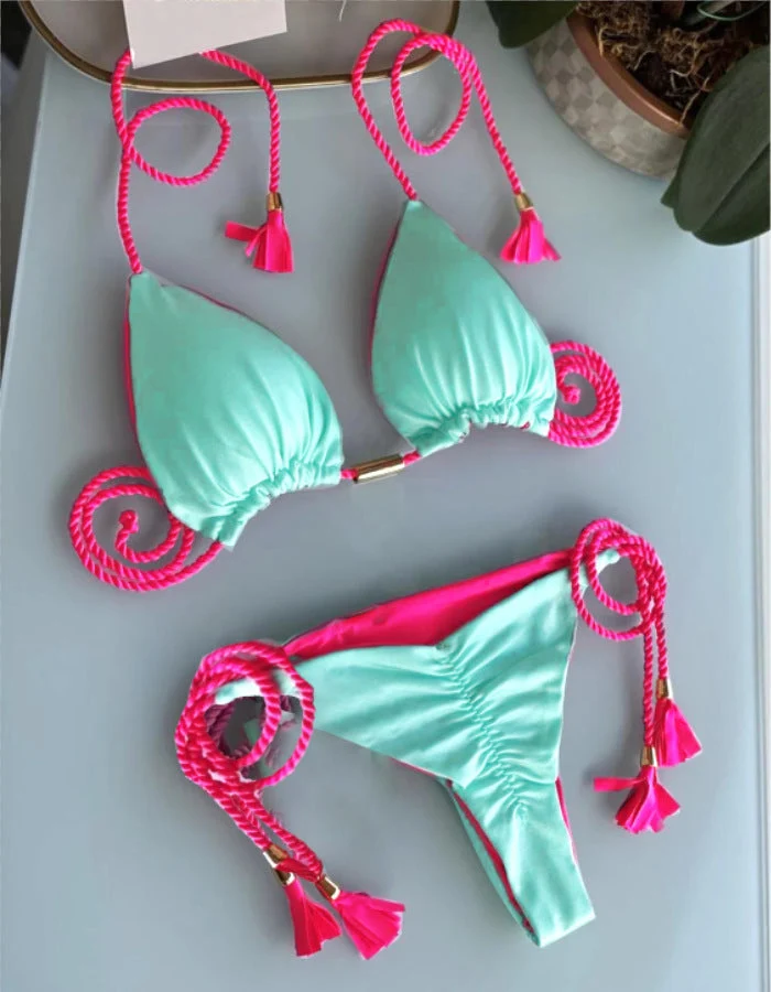 Damen Triangel-Bikini mit modischem Leopardenmuster und dekorativen Quasten