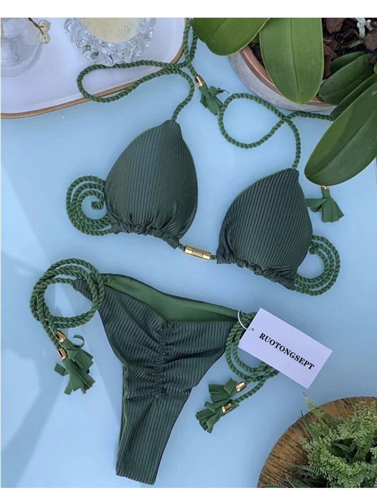 Damen Triangel-Bikini mit modischem Leopardenmuster und dekorativen Quasten