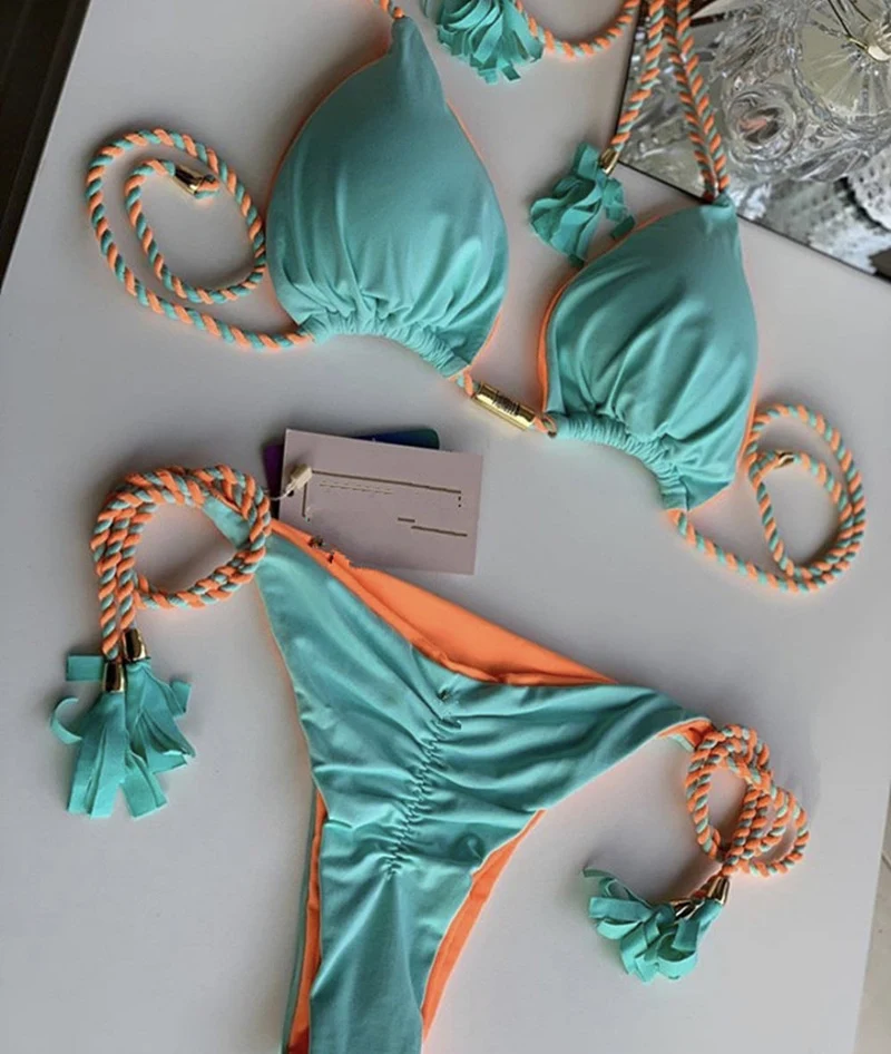 Damen Triangel-Bikini mit modischem Leopardenmuster und dekorativen Quasten
