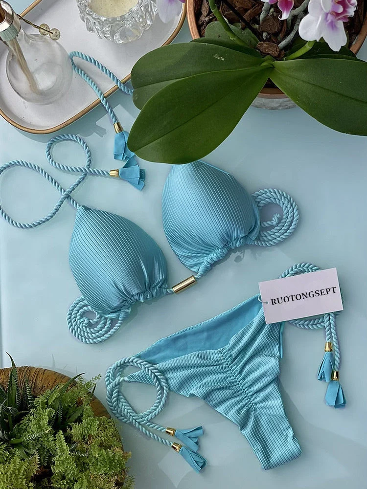 Damen Triangel-Bikini mit modischem Leopardenmuster und dekorativen Quasten