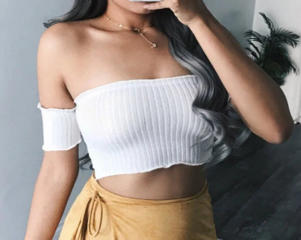 Damen Off-Shoulder Crop-Top aus Rippenstrick Nord Taschen