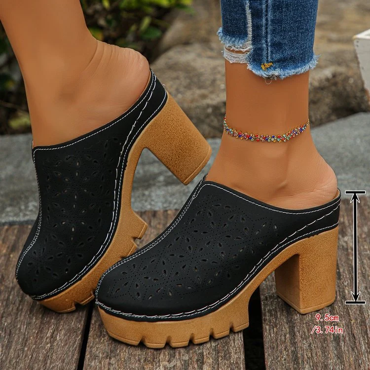 Damen Offene Clogs mit floralem Cut-Out Design und klobigem Absatz