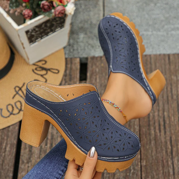 Damen Offene Clogs mit floralem Cut-Out Design und klobigem Absatz