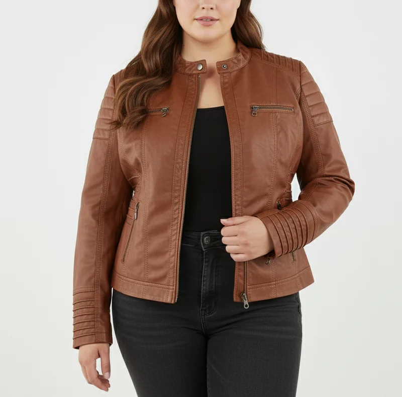 Damen Bikerjacke aus Kunstleder mit Kapuze | Große Größen (L–3XL)