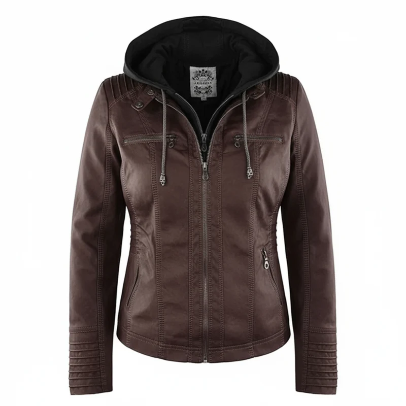 Damen Bikerjacke aus Kunstleder mit Kapuze | Große Größen (L–3XL)