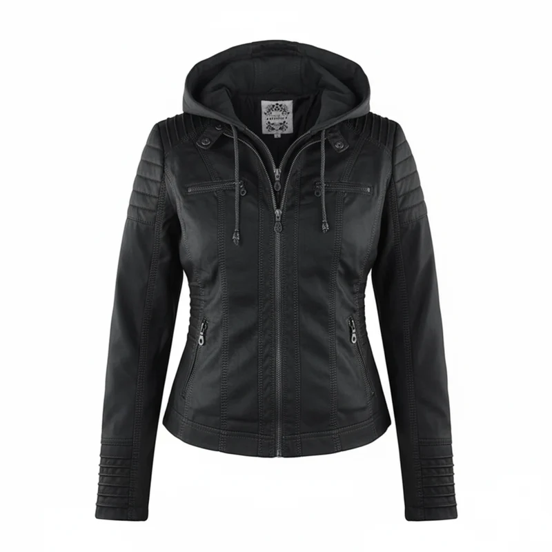 Damen Bikerjacke aus Kunstleder mit Kapuze | Große Größen (L–3XL)