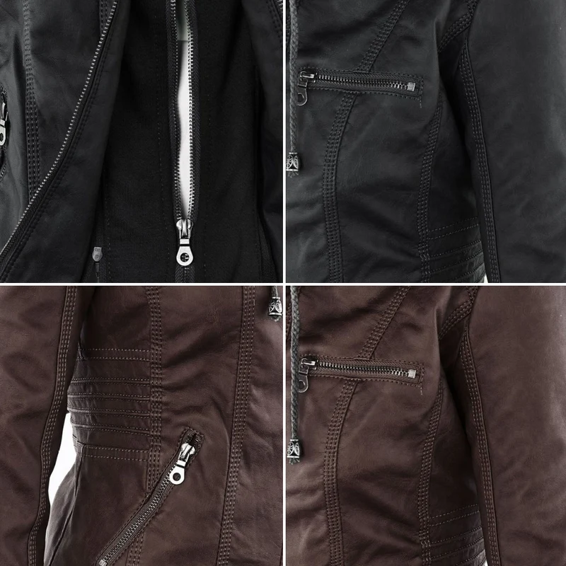 Damen Bikerjacke aus Kunstleder mit Kapuze | Große Größen (L–3XL)