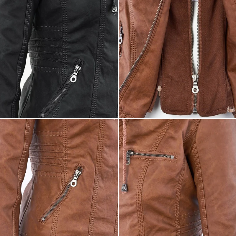 Damen Bikerjacke aus Kunstleder mit Kapuze | Große Größen (L–3XL)