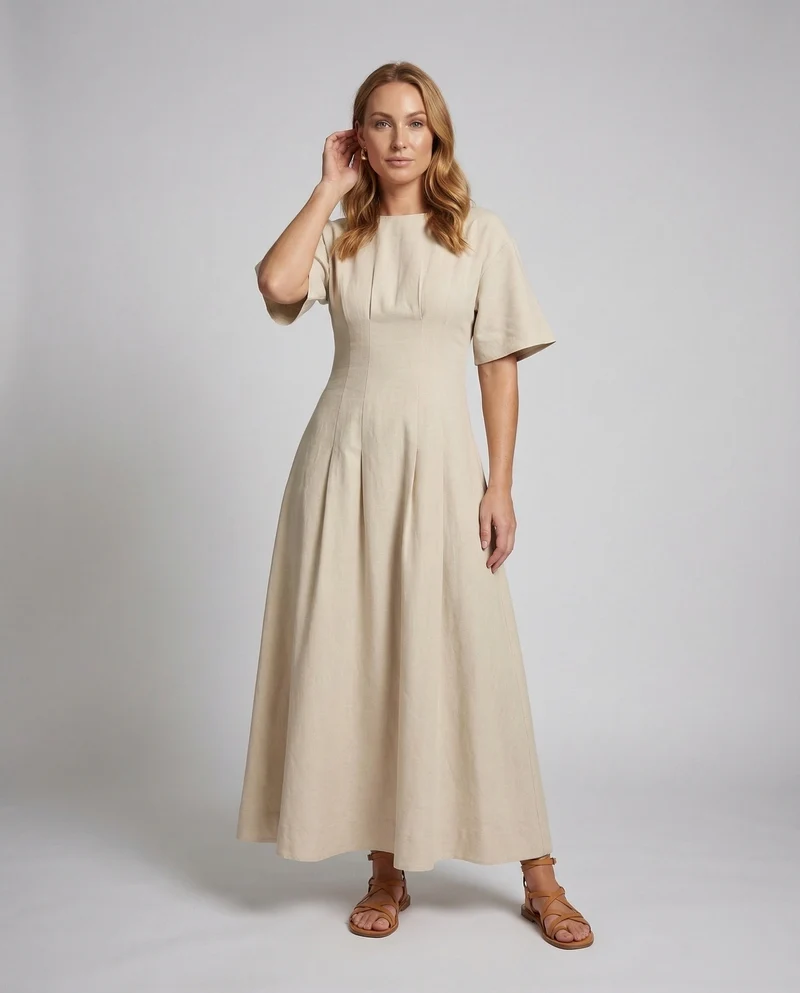 Damen Baumwoll-Poplin-Maxikleid Unterbrustnaht