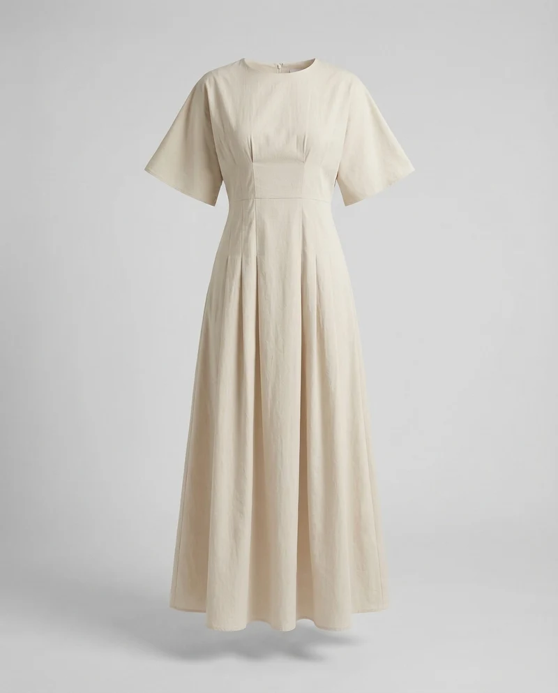 Damen Baumwoll-Poplin-Maxikleid Unterbrustnaht