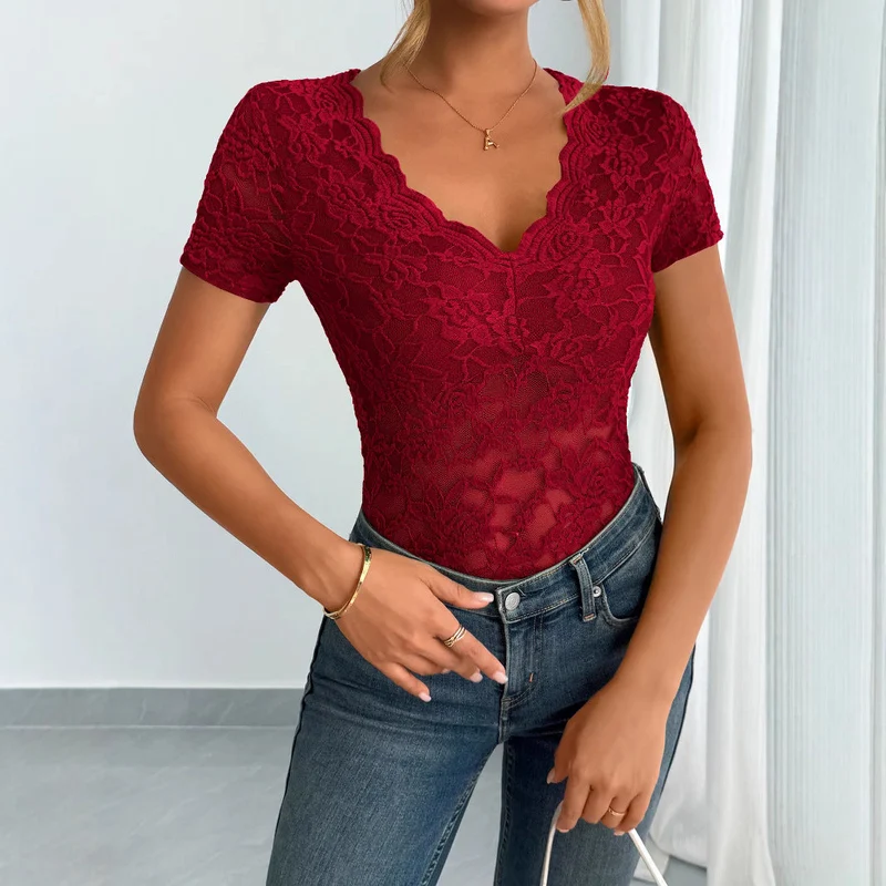 Damen Elegantes Spitzenoberteil mit tiefem V-Ausschnitt und konturiertem Schnitt