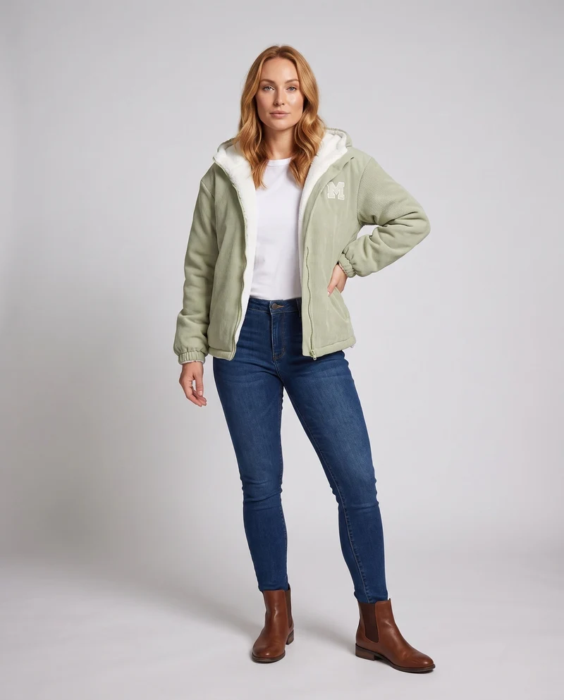 Damen Kuschelige Fleece-Jacke mit Kapuze Nord Taschen