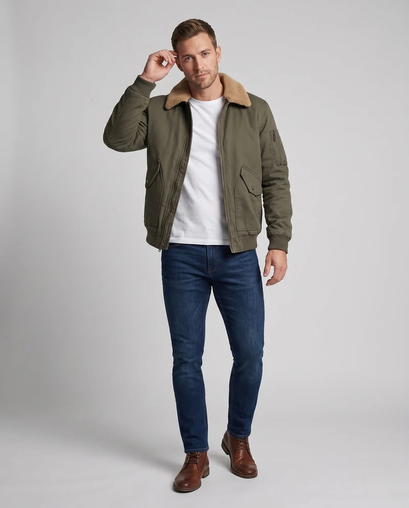 Herren bequeme Fleecejacke mit Kunstfellkragen Nord Taschen