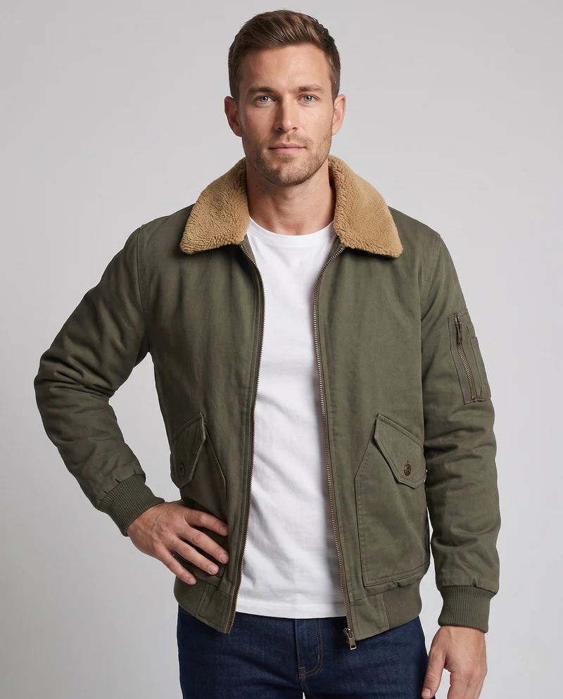 Herren bequeme Fleecejacke mit Kunstfellkragen Nord Taschen