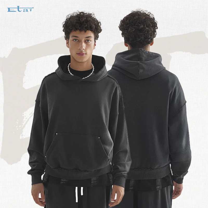 Unisex Oversized Kapuzenpullover mit ausgefranstem Saum, Kängurutasche und verwaschenem Bleicheffekt Nord Taschen