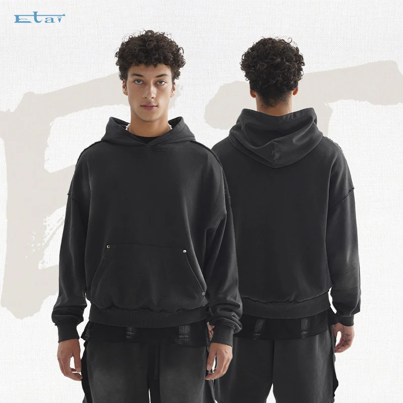 Unisex Oversized Kapuzenpullover mit ausgefranstem Saum, Kängurutasche und verwaschenem Bleicheffekt Nord Taschen